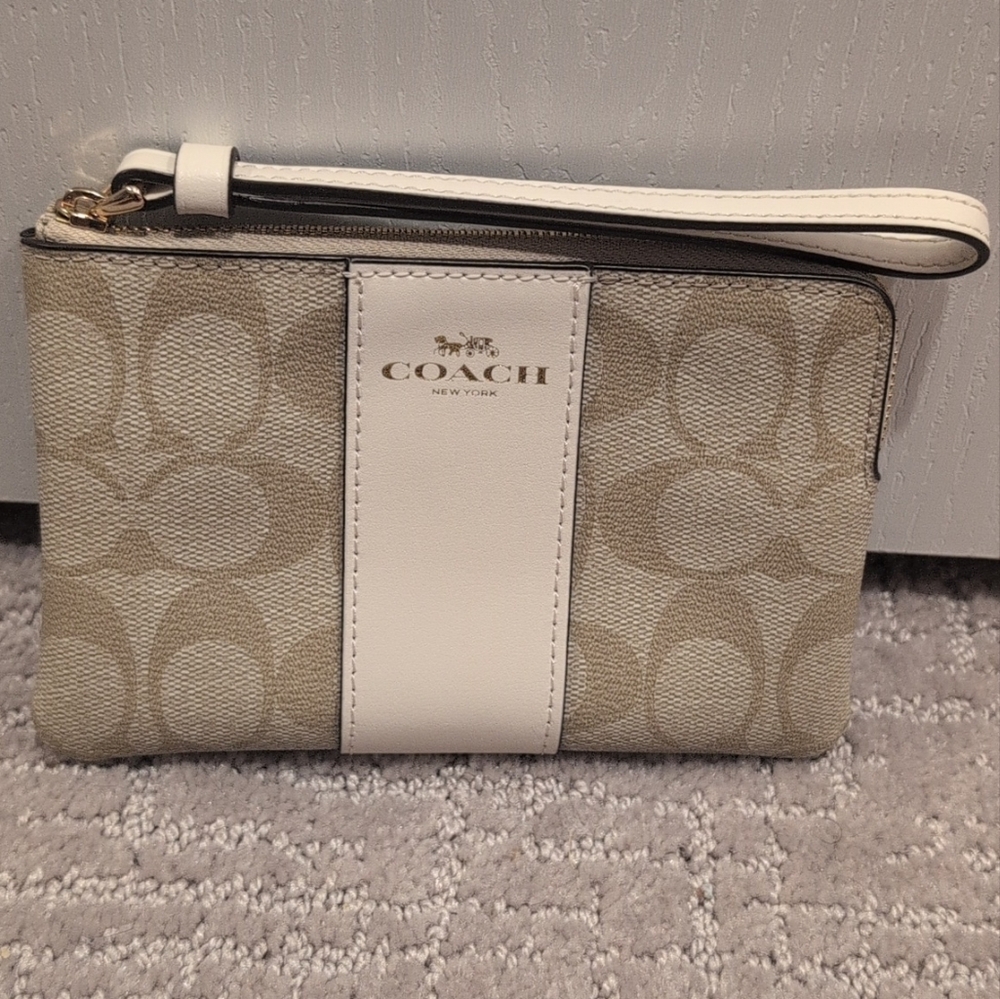 Coach Corner Zip Wristlet In Signature Canvas With Stripe